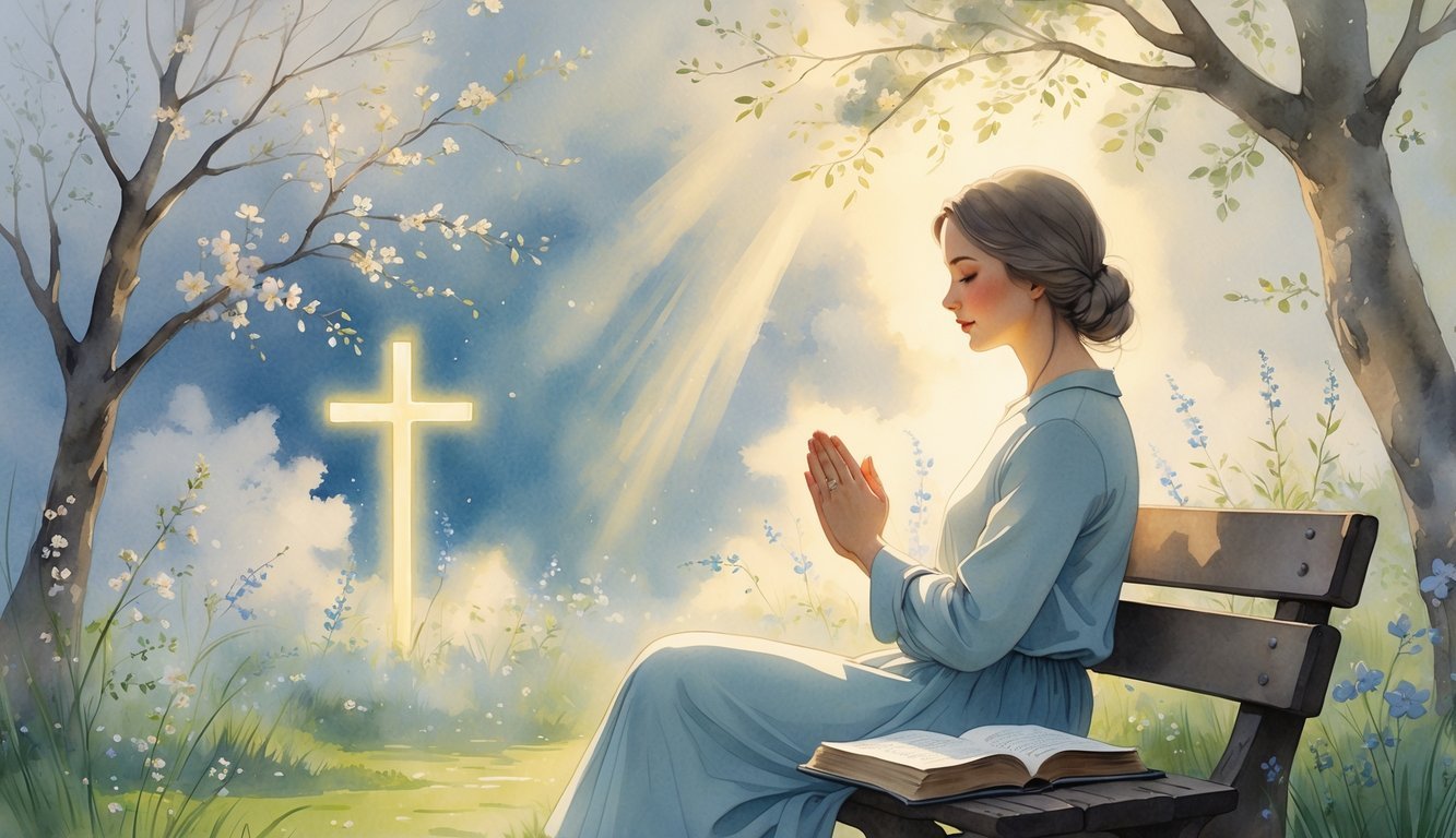 A woman sitting on a bench in a garden with closed eyes and clasped hands, surrounded by flowering trees and soft sunlight, conveying a peaceful moment of prayer.