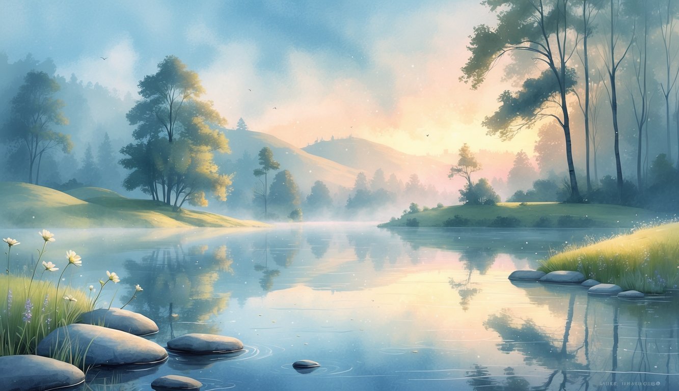 A peaceful lake surrounded by hills and trees with soft morning light and gentle wildflowers by the water’s edge.
