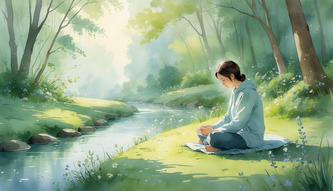 A person sitting quietly by a stream surrounded by trees and flowers, bathed in soft sunlight, reflecting peacefully.