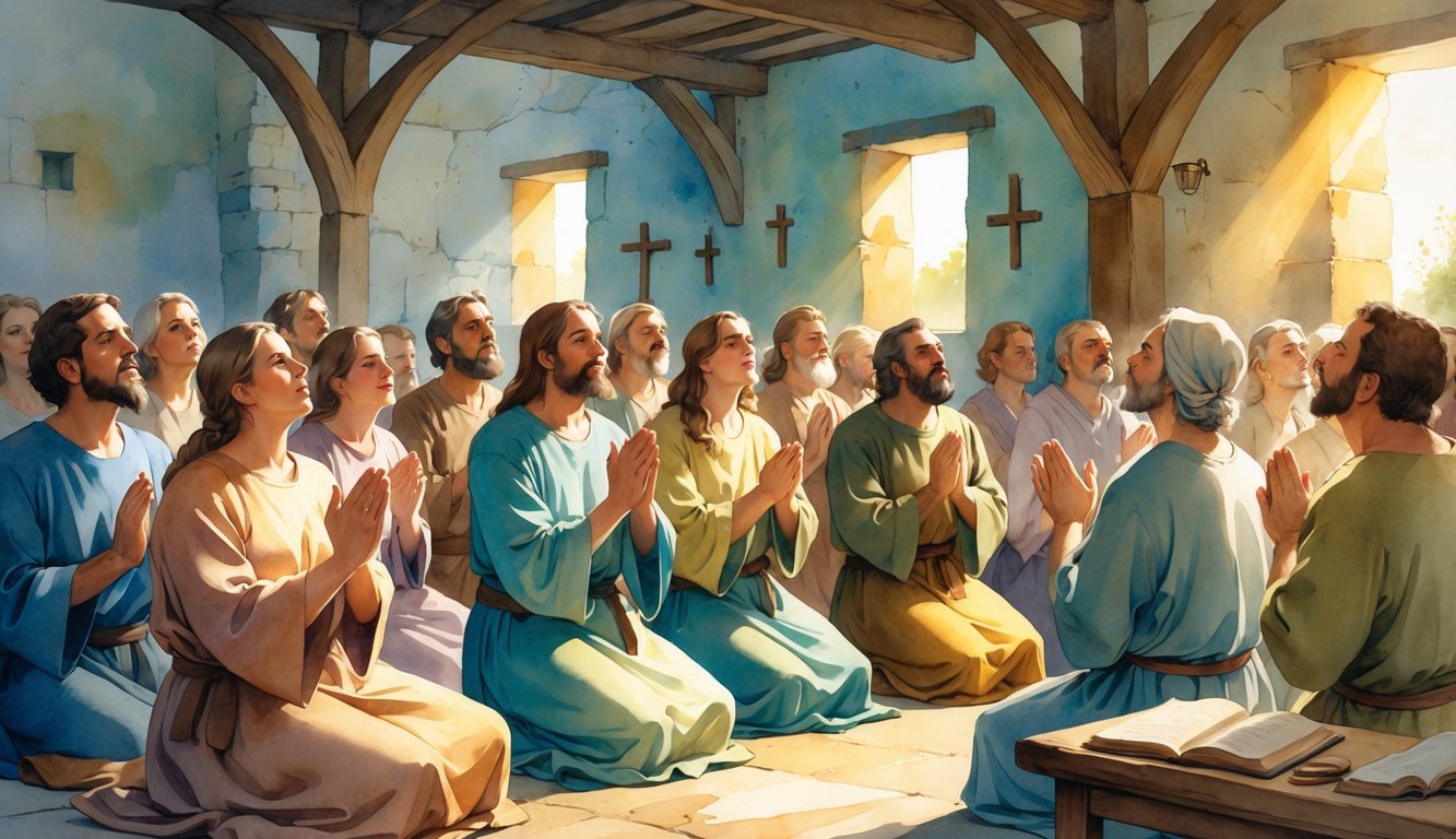 A group of early Christians gathered in prayer inside a simple stone room, showing unity and faith.