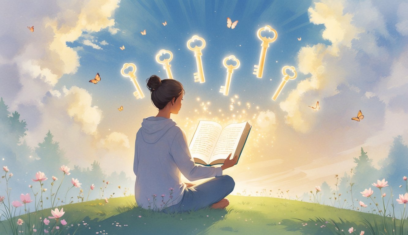 A person sitting on a grassy hill at dawn, reading an open book with glowing light, surrounded by seven floating keys and soft nature elements like flowers and trees.