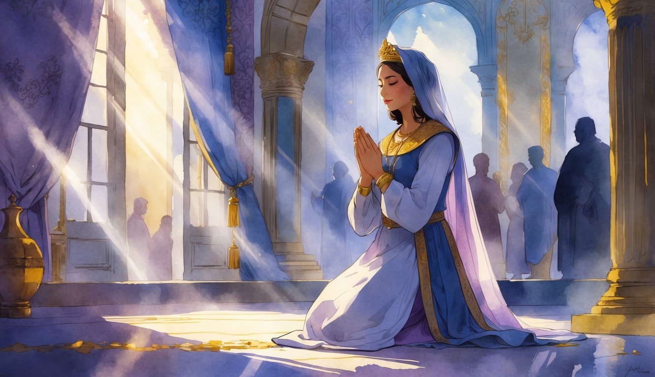 Queen Esther kneeling in prayer inside a palace chamber with sunlight streaming through windows and her people visible in the background.