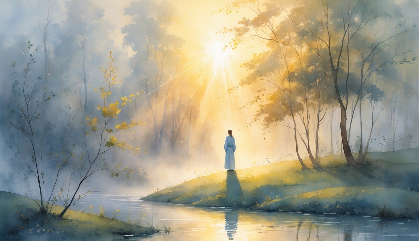 A peaceful scene of a person standing on a hill surrounded by trees and a stream, illuminated by warm morning light shining through the mist.