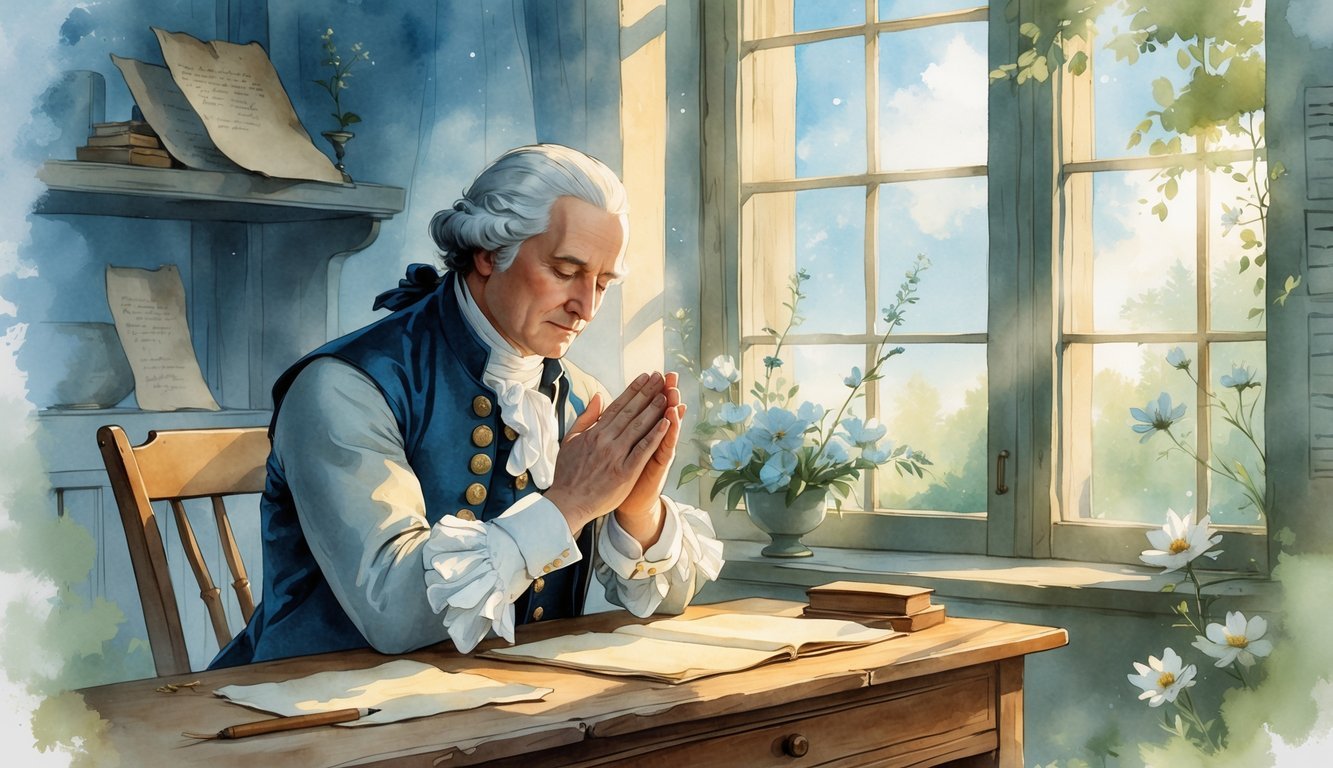 A man in colonial clothing sits at a wooden desk with hands clasped in prayer, illuminated by soft morning light coming through a window, surrounded by gentle natural elements.
