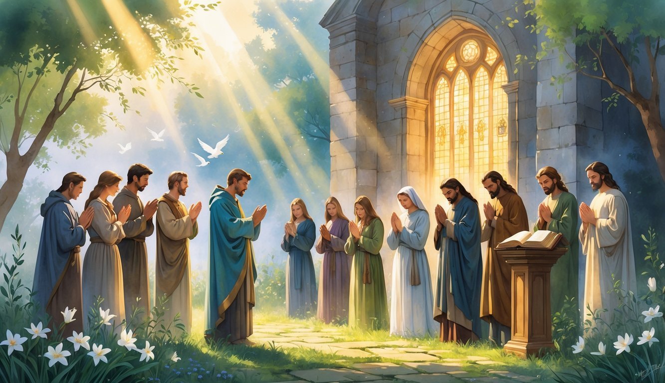 A group of people from different historical periods praying together near an ancient chapel surrounded by a peaceful garden with flowers and trees, with sunlight filtering through and doves flying in the sky.