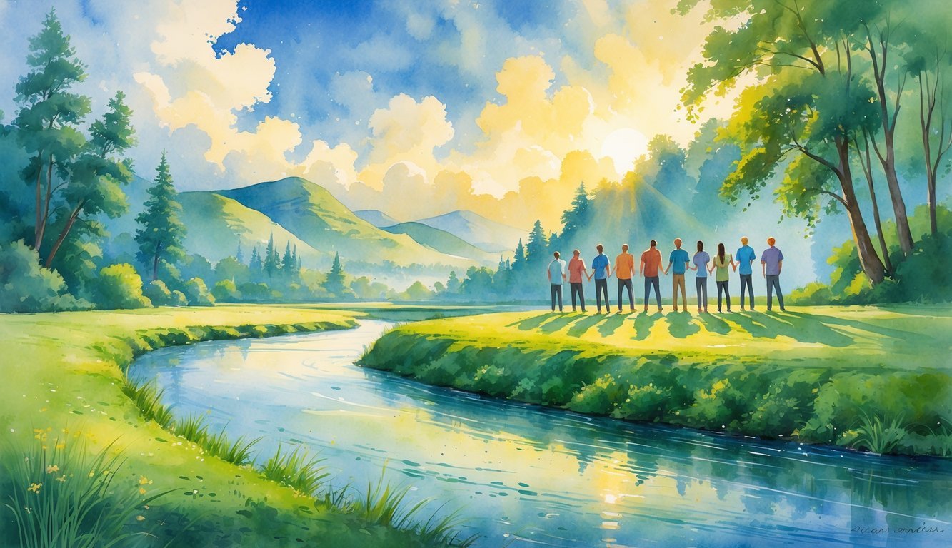 A peaceful river flowing through a green valley with people standing together by the water, surrounded by trees and distant mountains under a sunrise sky.