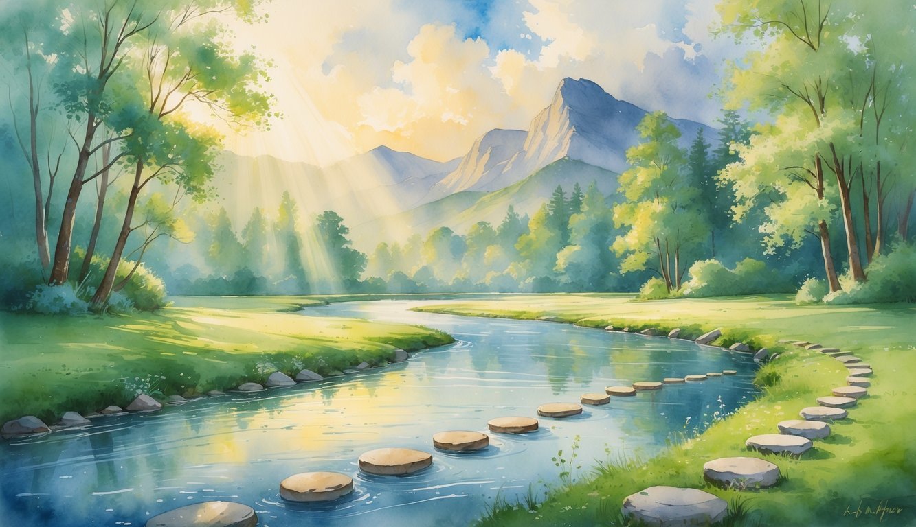 A peaceful river flowing through a green valley with stepping stones along the bank, sunlight breaking through clouds over distant mountains.