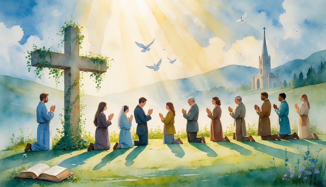A group of people from different times and cultures gathered outdoors in prayer, surrounded by symbols of faith and nature, with sunlight shining through clouds.