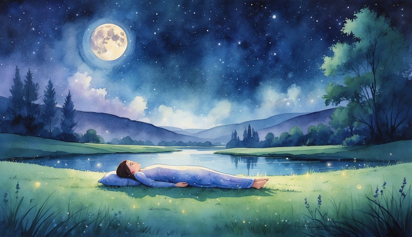 A person lying peacefully on grass at night under a starry sky beside a calm river surrounded by trees and hills.