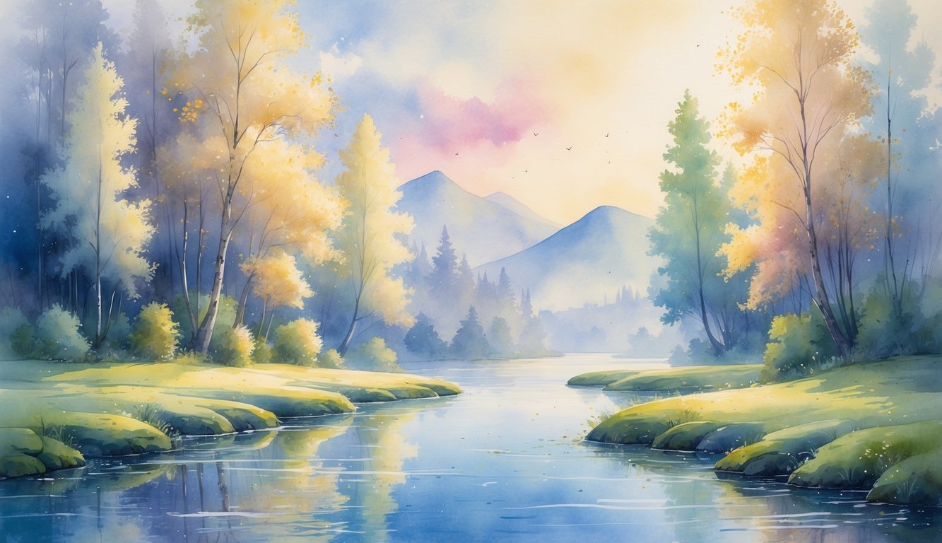 A peaceful river flowing through a forest with tall trees and distant mountains under a soft, glowing sky.