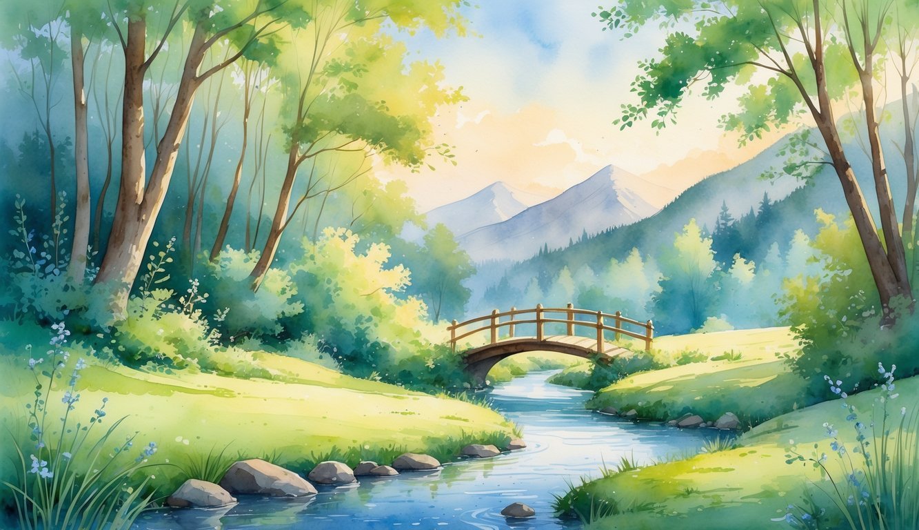 A peaceful forest scene with a calm stream flowing under a small wooden bridge, surrounded by trees and mountains in the background.