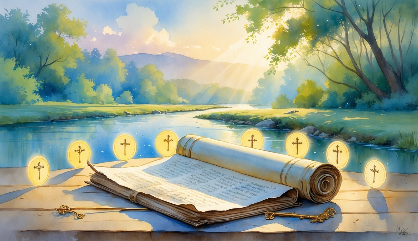 A peaceful natural scene with an open ancient scroll on a wooden table surrounded by seven glowing keys, set against a calm river and distant mountains at dawn.