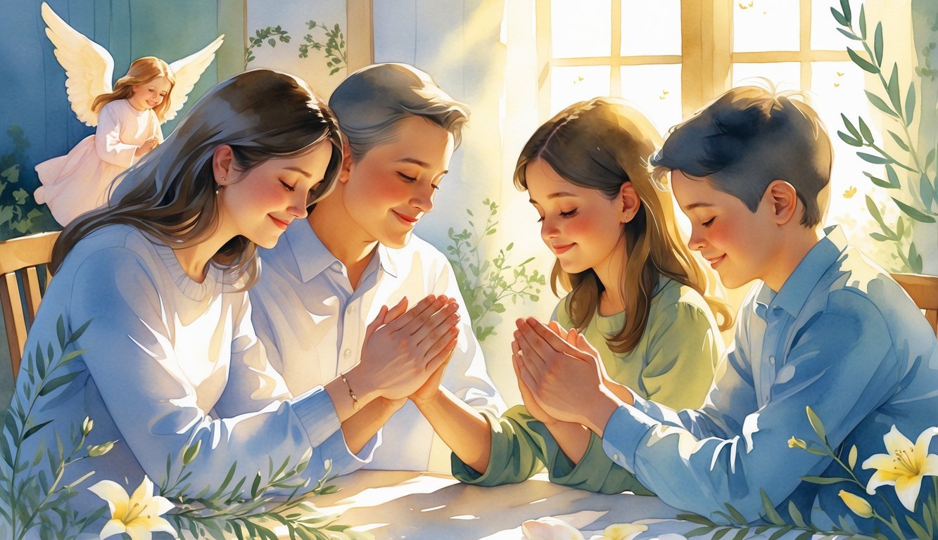 A family holding hands in prayer inside a cozy home, surrounded by gentle light and symbols of protection.