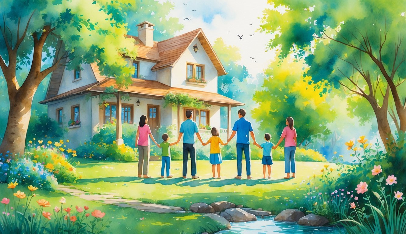 A family holding hands in a garden outside their home, surrounded by trees, flowers, and a flowing stream.