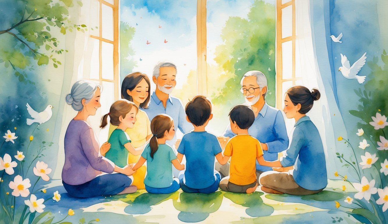 A family of different ages holding hands in a circle inside a cozy room with sunlight coming through a window, surrounded by flowers and doves, symbolizing health and healing.