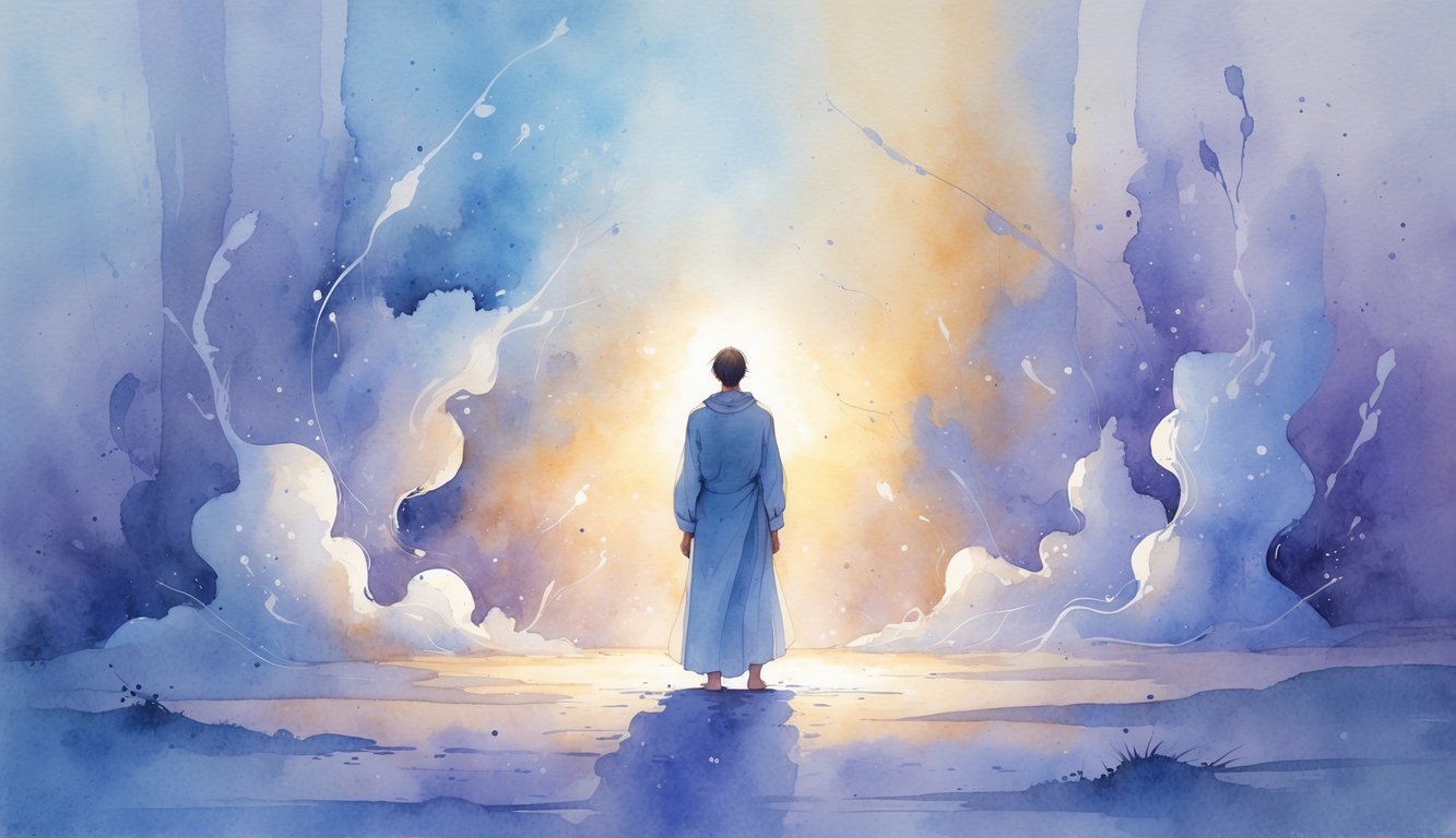 A person stands calmly surrounded by soft, shadowy shapes and gentle light, symbolizing a spiritual struggle and inner strength.
