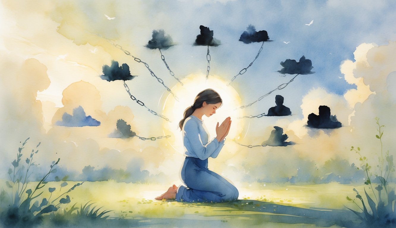 A person kneeling in prayer outdoors, surrounded by soft glowing light and subtle symbols representing spiritual challenges, with a calm sky and rays of light shining through clouds.