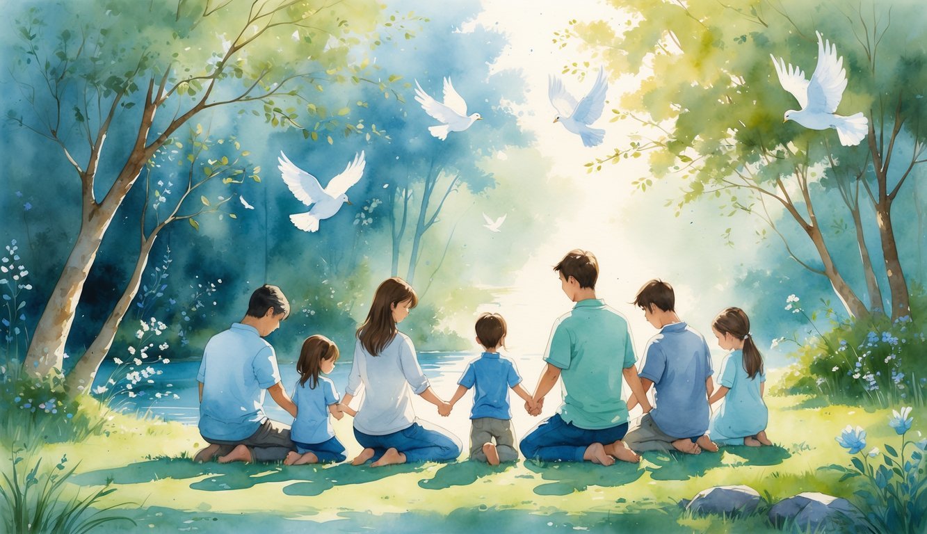 A family holding hands in a circle outdoors, praying together peacefully surrounded by trees, flowers, and doves.