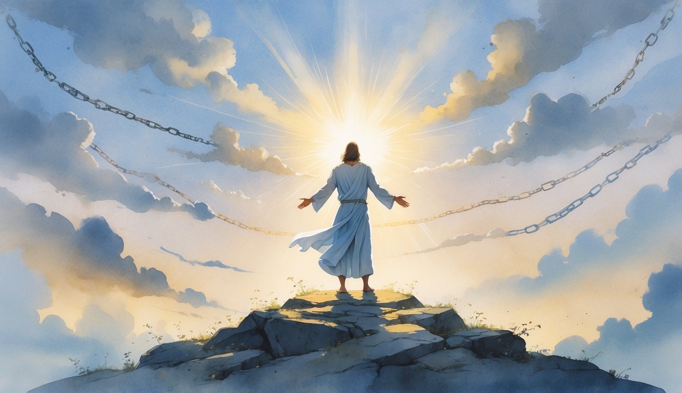 A person standing firmly on a hilltop surrounded by symbols of spiritual challenges, with light shining down and a peaceful sky in the background.