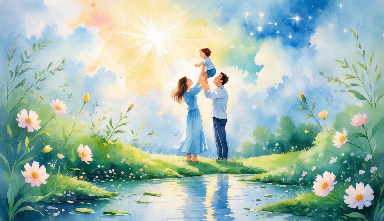 A parent lifting a child towards a bright sky surrounded by flowers, greenery, and flowing water in a peaceful outdoor setting.