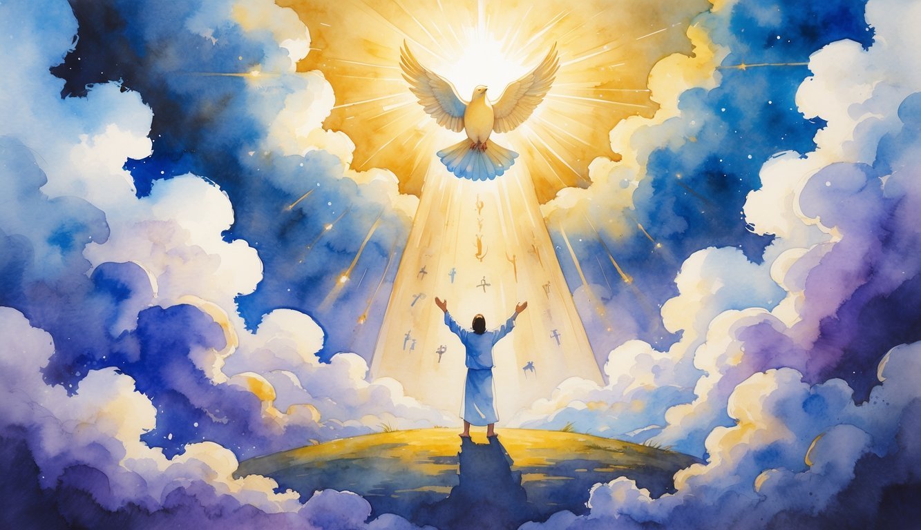 A glowing dove descending from light above a person with arms raised, surrounded by faint shadowy shapes representing challenges, with rays of light breaking through clouds.