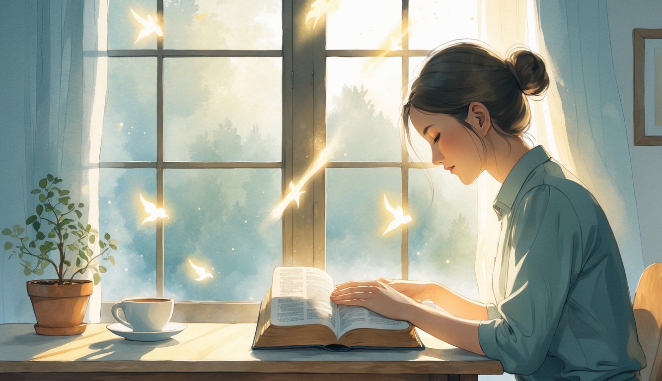 A person sitting at a desk by a window, reading a Bible with soft light around them and subtle symbols of spiritual challenges and hope floating nearby.