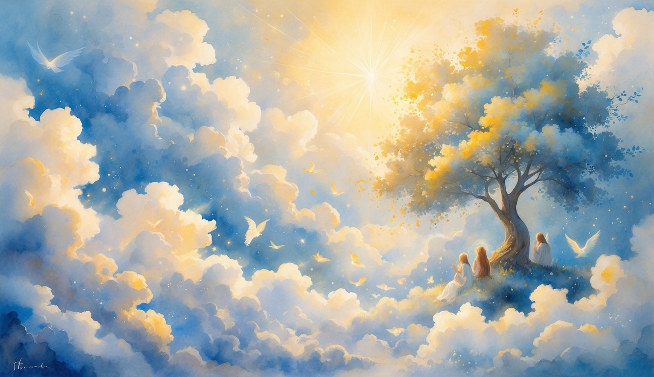 A peaceful sky with soft clouds, glowing tree, and gentle light rays symbolizing spiritual hope and enlightenment.