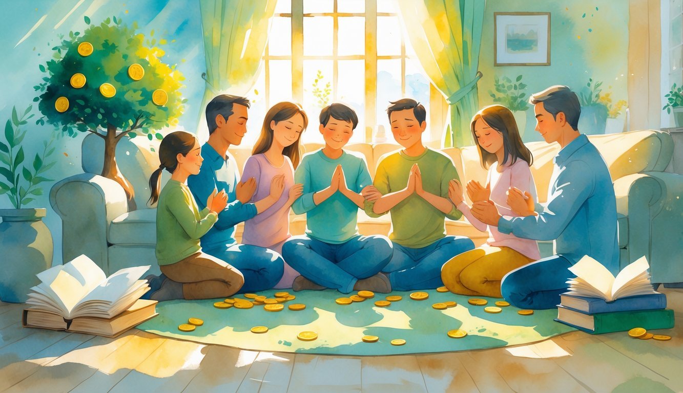 A family holding hands in a circle, praying together in a cozy room with sunlight and symbols of growth and stability around them.