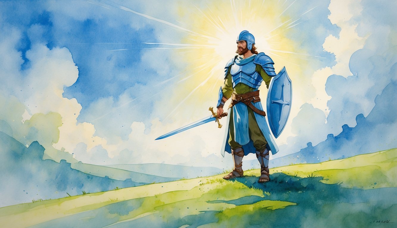 A figure wearing full armor stands on a hill with a shield and sword, surrounded by faint shapes symbolizing spiritual battles under a bright sky.