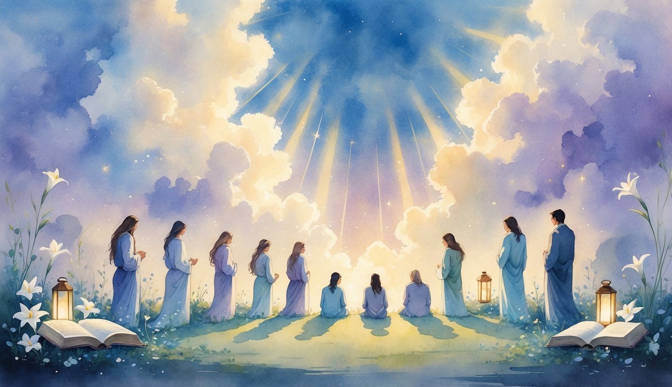 A peaceful scene with people quietly reflecting among soft clouds and gentle light in a heavenly setting.