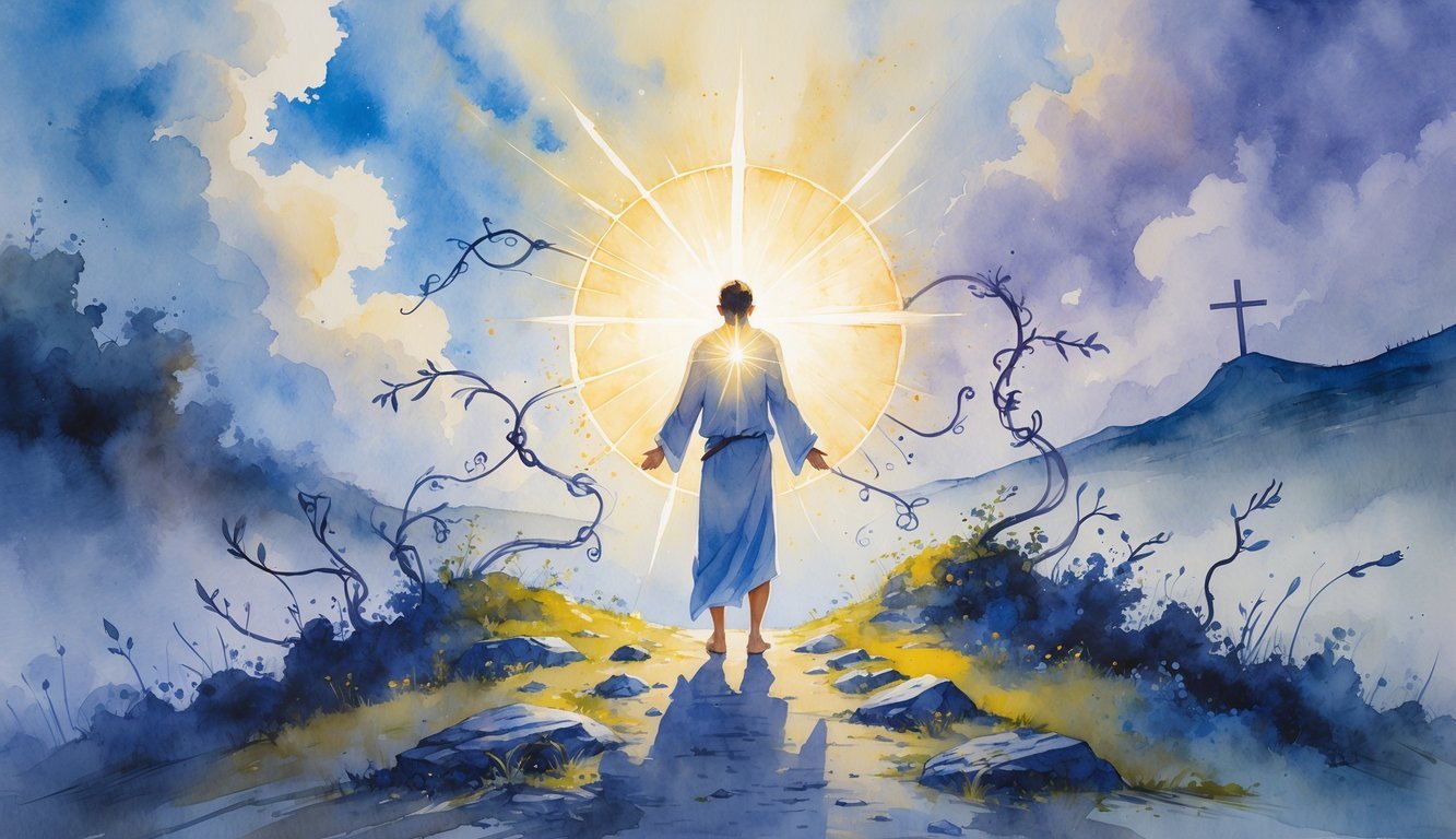 A person standing firmly on a rocky path surrounded by shadows and thorny vines, with light shining from their heart and a glowing cross visible on a distant hill.