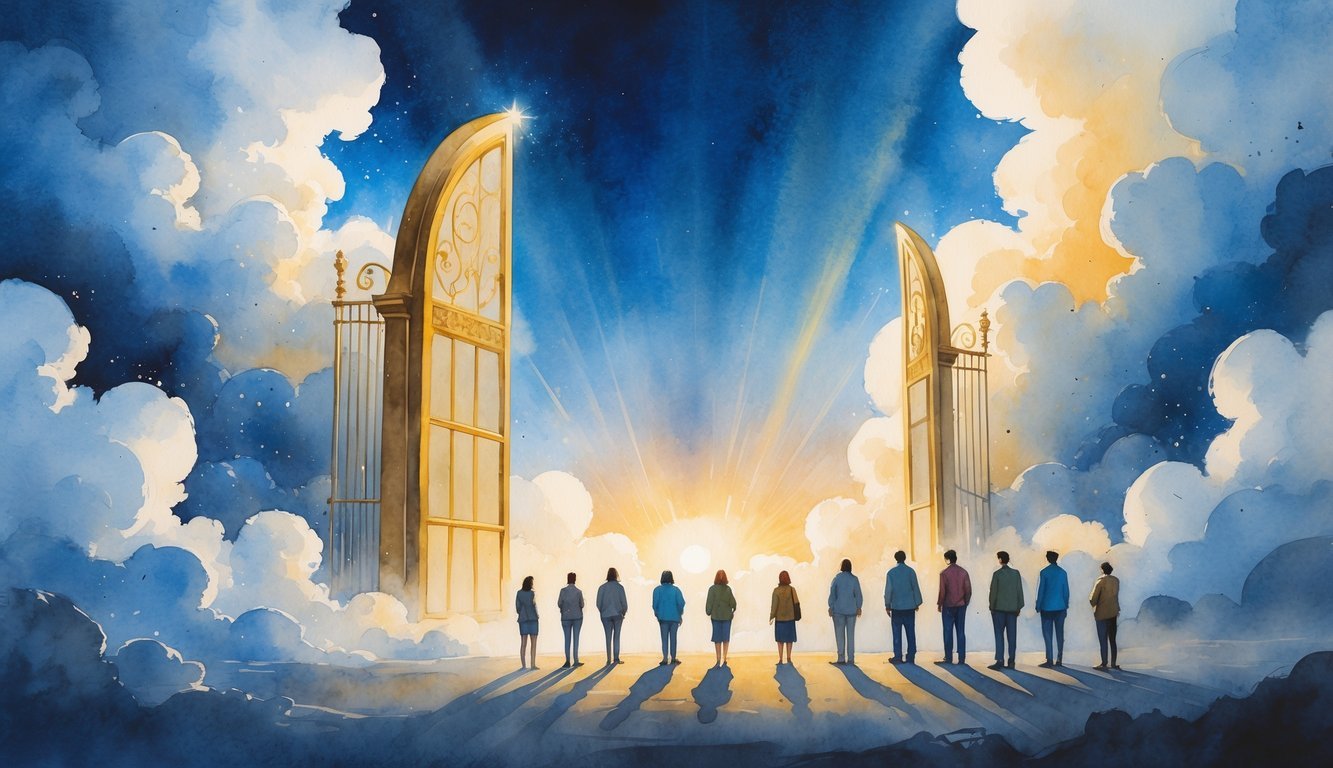A group of people standing near a glowing golden gate surrounded by clouds under a colorful sky, with light shining down creating a peaceful and thoughtful scene.