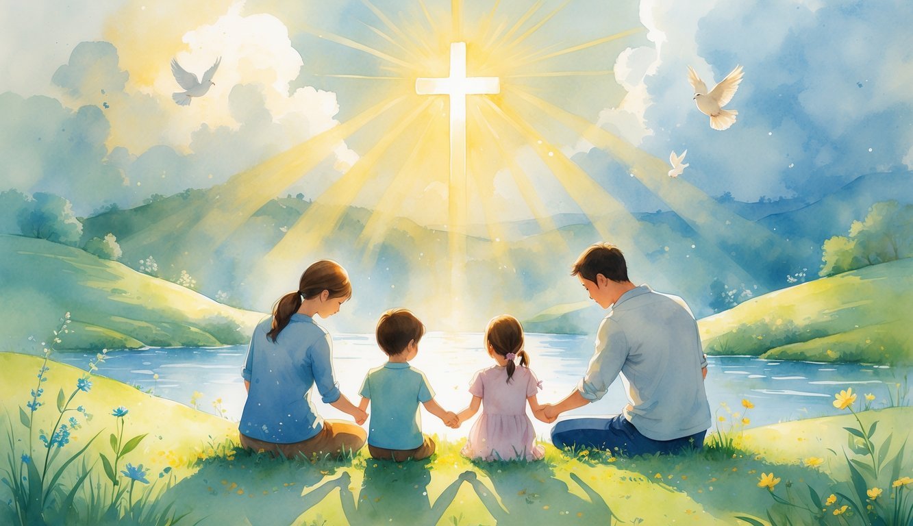 A family holding hands in a natural setting, praying together with light shining through clouds and birds flying overhead.