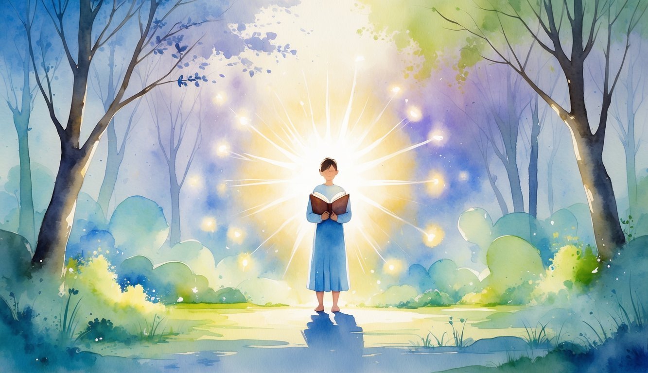 A person standing peacefully in a forest clearing, holding an open book with light shining from it, surrounded by soft glowing light and gentle shadows.