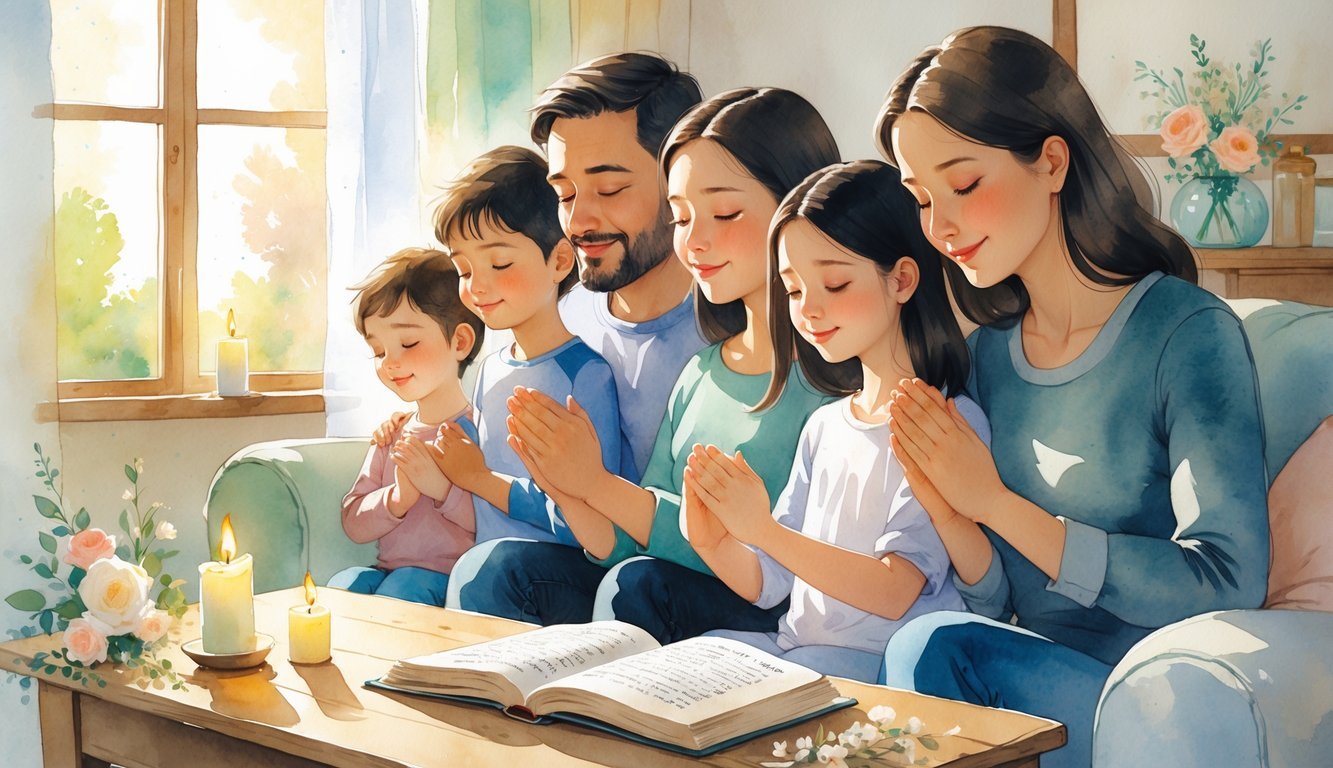 A family sitting together in a living room holding hands in prayer, surrounded by soft light and peaceful expressions.