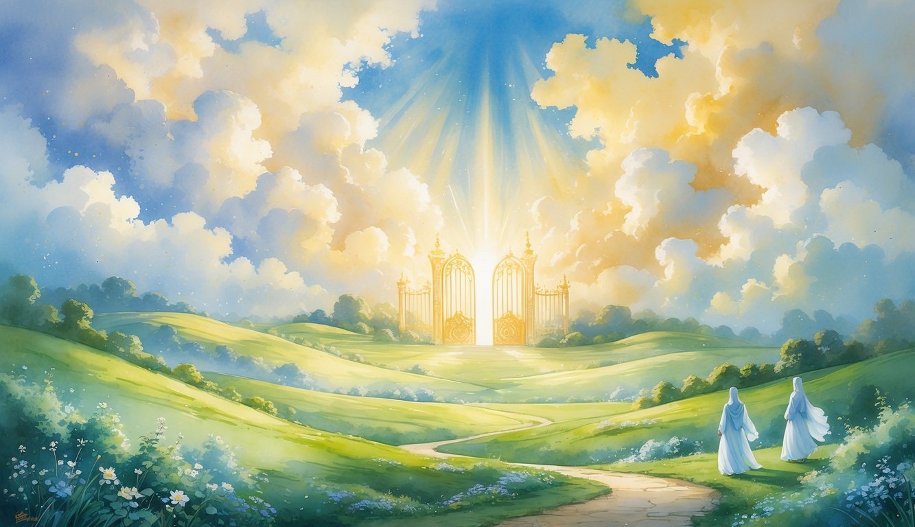 A peaceful landscape with glowing clouds, open gates in the distance, and figures walking along a path through green hills and flowers.