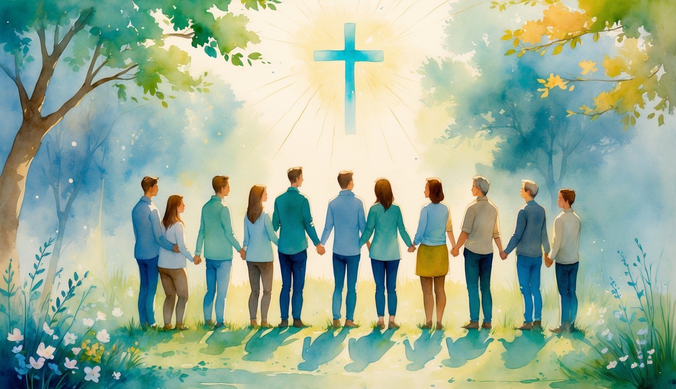 A group of people gathered outdoors in a circle, holding hands and supporting each other, surrounded by trees and flowers with a glowing cross in the background.