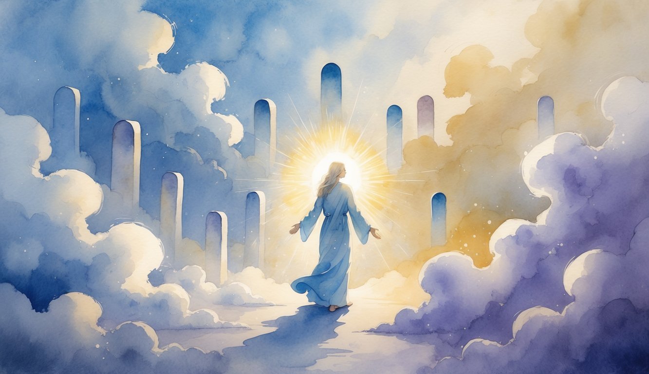 A glowing figure emerging from shadows into light surrounded by clouds and seven faint doorways floating in the sky.