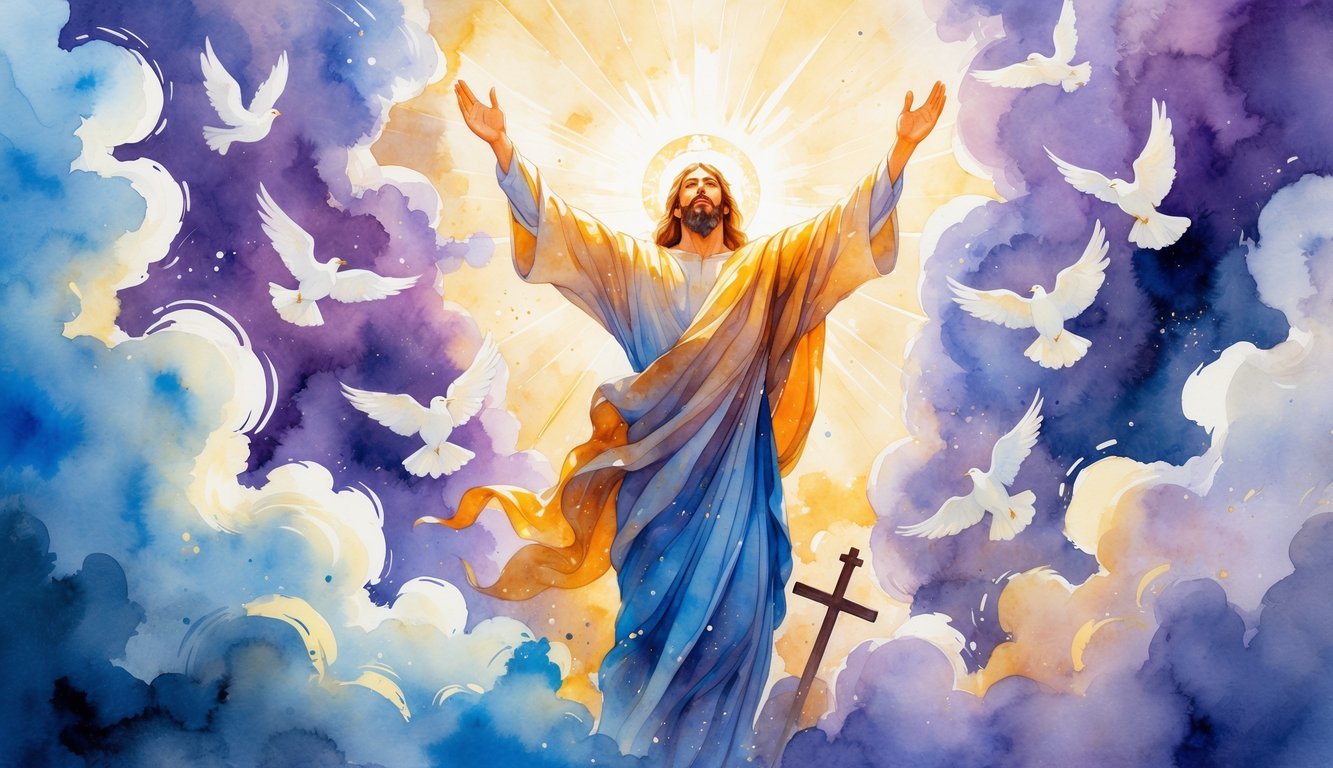 A glowing figure stands with arms raised surrounded by twelve symbolic scenes of spiritual challenges, bathed in light and peaceful imagery of a cross and doves.