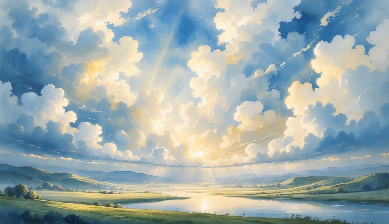 A peaceful landscape with rolling hills, a calm river, and a bright sky filled with soft glowing clouds and sunlight breaking through.