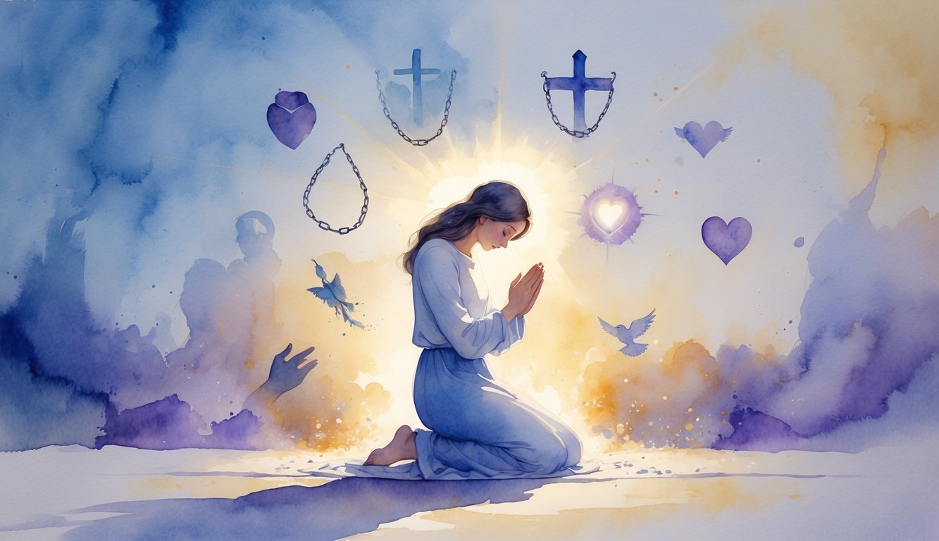 A person kneeling in prayer surrounded by twelve faint symbols representing spiritual battles, bathed in soft glowing light.