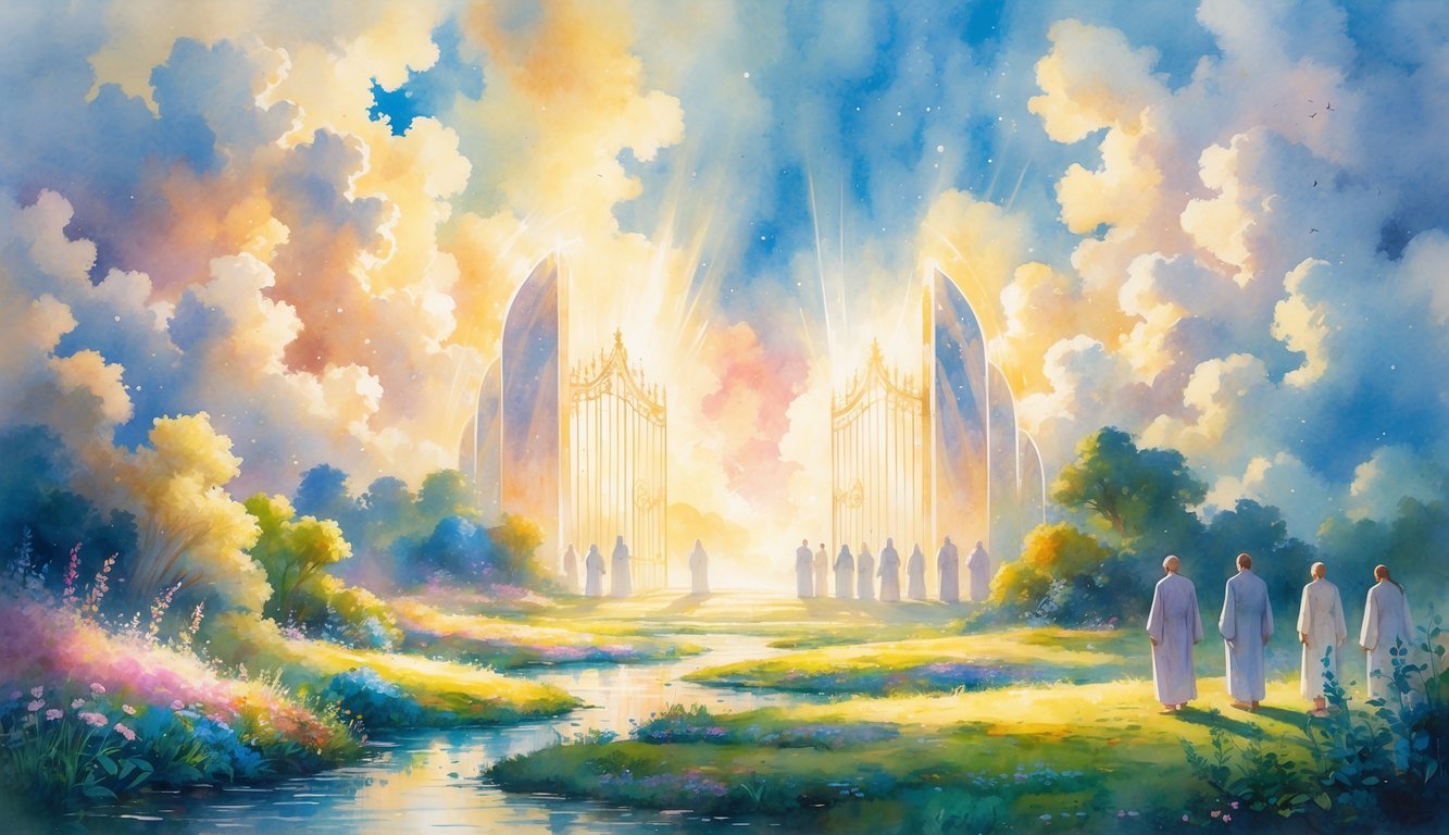 A peaceful scene showing people walking toward glowing gates in a bright, cloud-filled sky above a garden with flowers and streams.