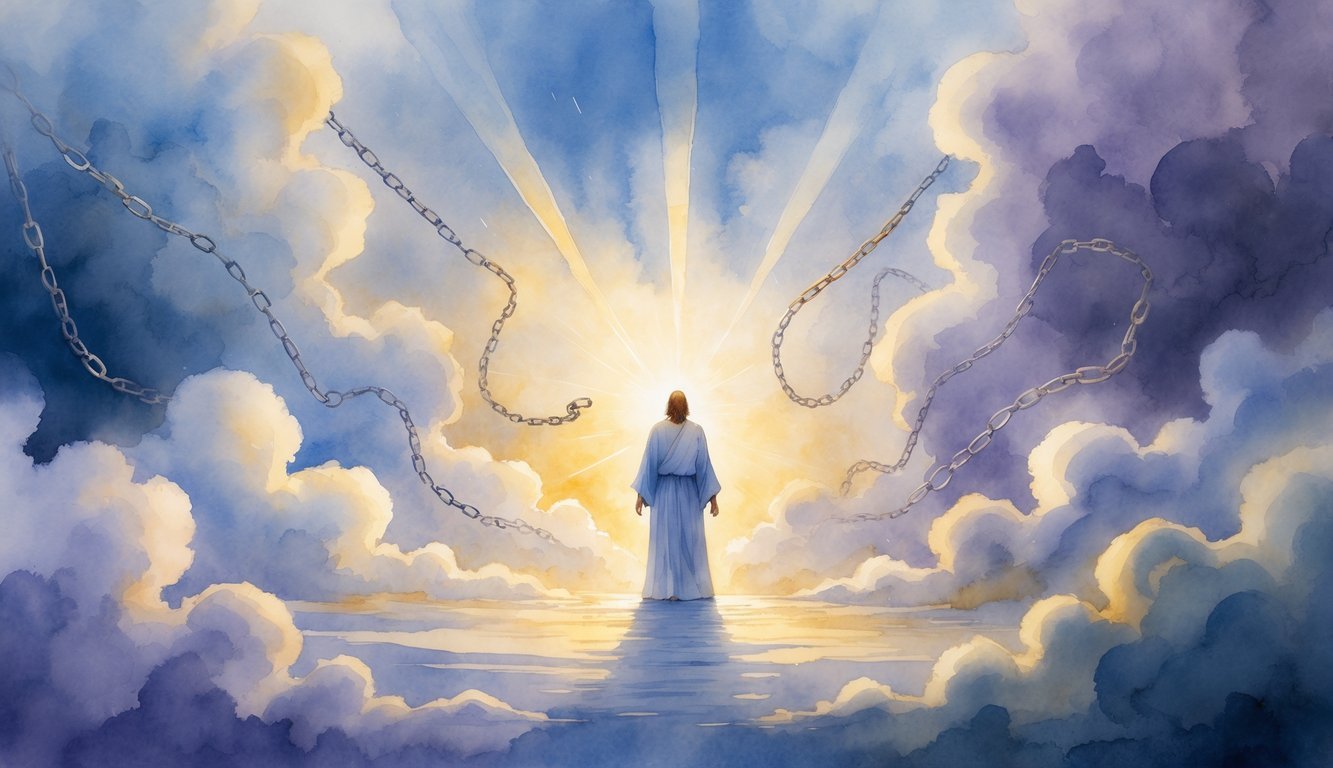 A person standing calmly surrounded by twelve symbolic challenges like shadows, chains, and storms, with beams of light shining through clouds, representing overcoming spiritual struggles.