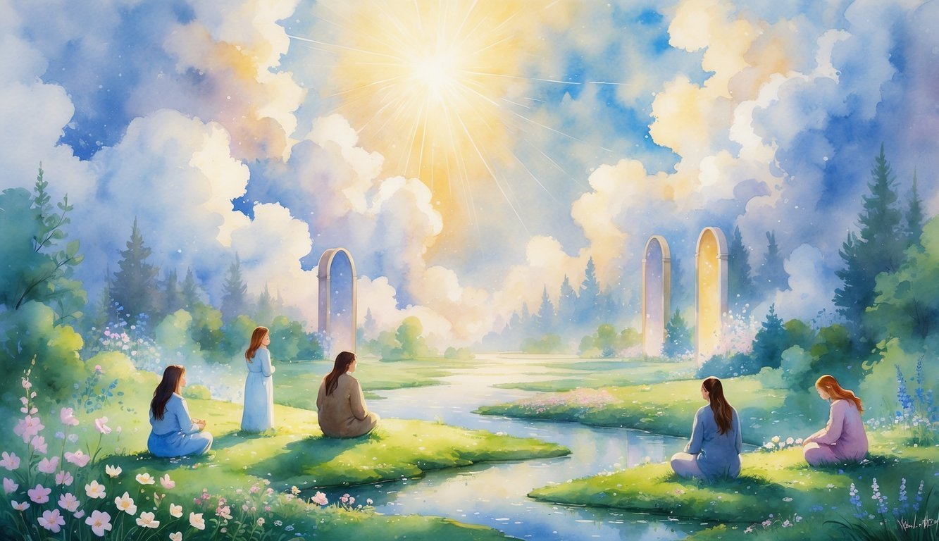 A peaceful garden under glowing clouds with people reflecting quietly, surrounded by soft light and distant mountains.