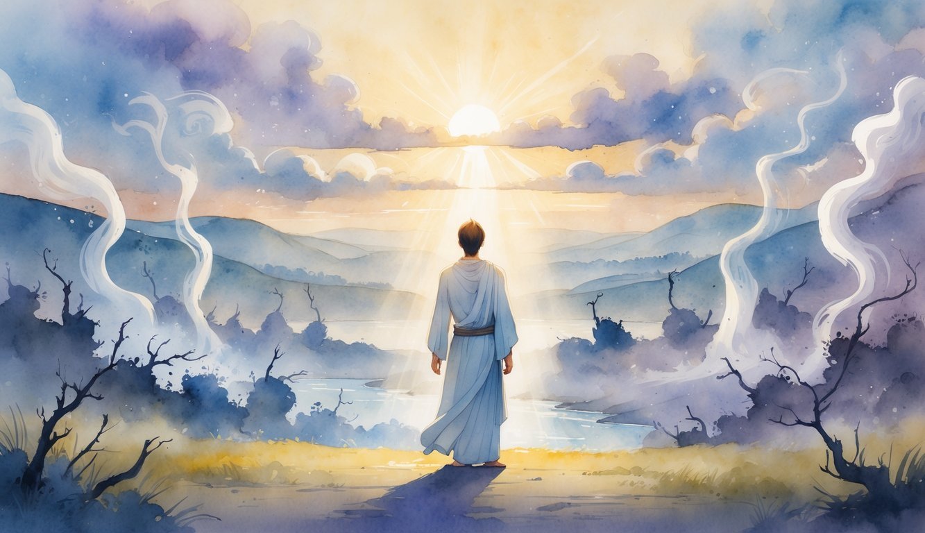 A person standing calmly in a peaceful landscape with twelve abstract shapes representing spiritual challenges around them and a glowing sunrise in the background.