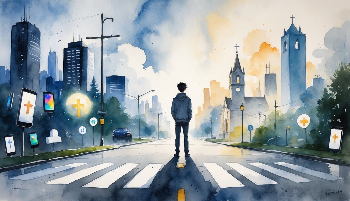 A young person standing at a crossroads between a busy cityscape and peaceful symbols of faith, appearing thoughtful and contemplative.