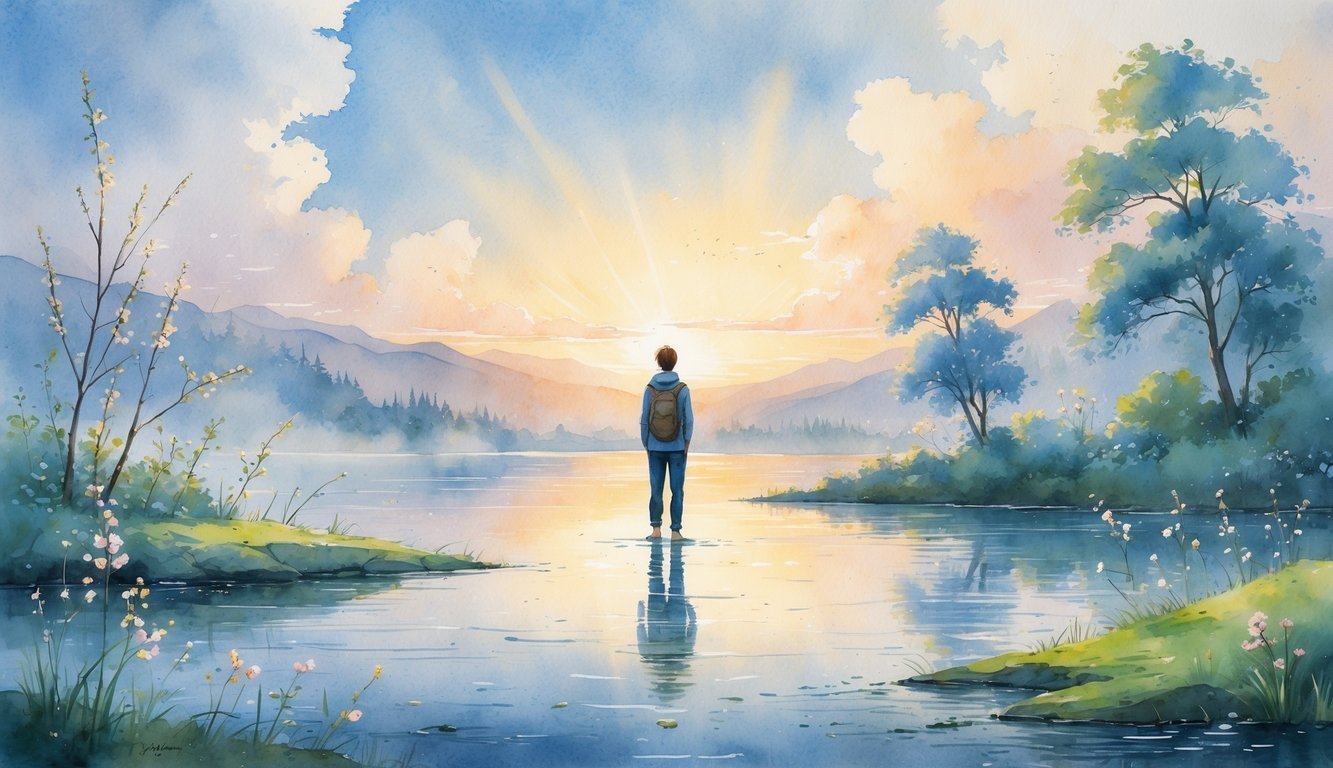 A person standing by a calm lake at sunrise, surrounded by trees and mountains, looking thoughtful and peaceful.