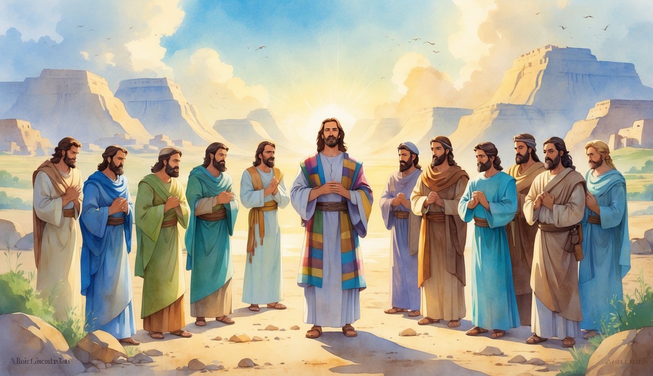 Ten biblical figures including Joseph in a peaceful ancient landscape, showing moments of forgiveness and patience.