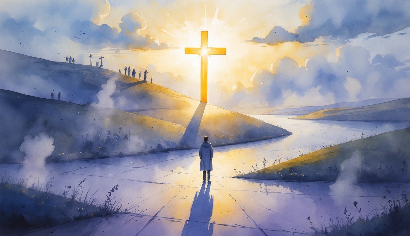 A person stands at a crossroads looking toward a glowing cross on a hill, surrounded by abstract symbols of challenges and distractions, with a calm river and hills in the background.