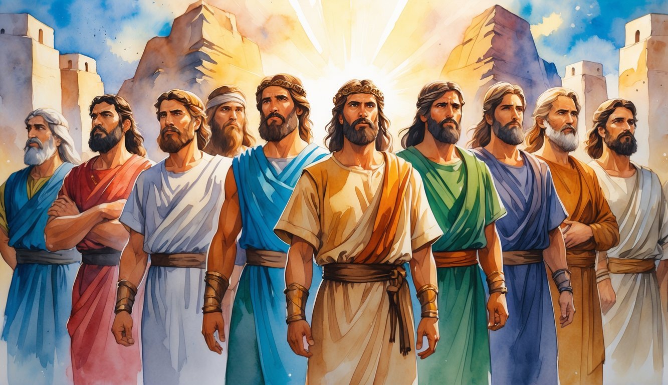 Ten biblical heroes standing together in traditional clothing with determined expressions, set against a glowing landscape of mountains and ancient buildings.